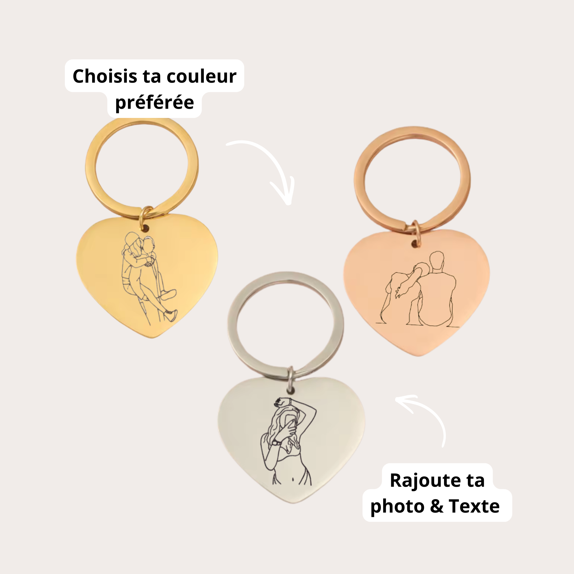 porte-clé gravé avec dessin en line art à partir d'une photo, idée cadeau couple
