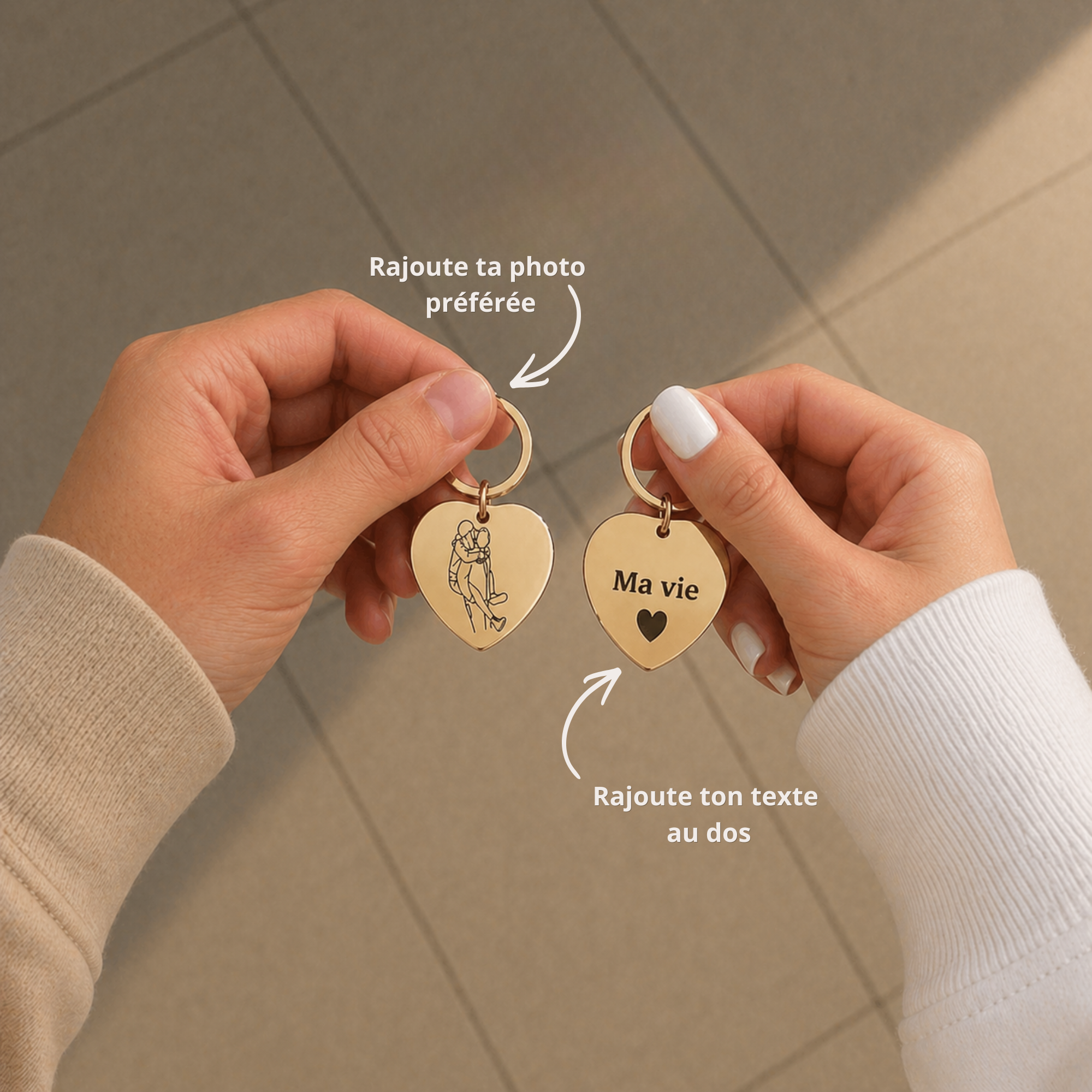 porte-clé gravé avec dessin en line art à partir d'une photo, idée cadeau couple
