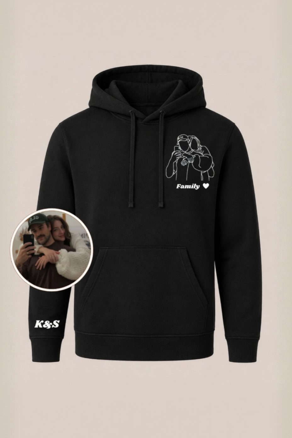 sweat à capuche avec dessin en line art à partir d'une photo, idée cadeau couple
