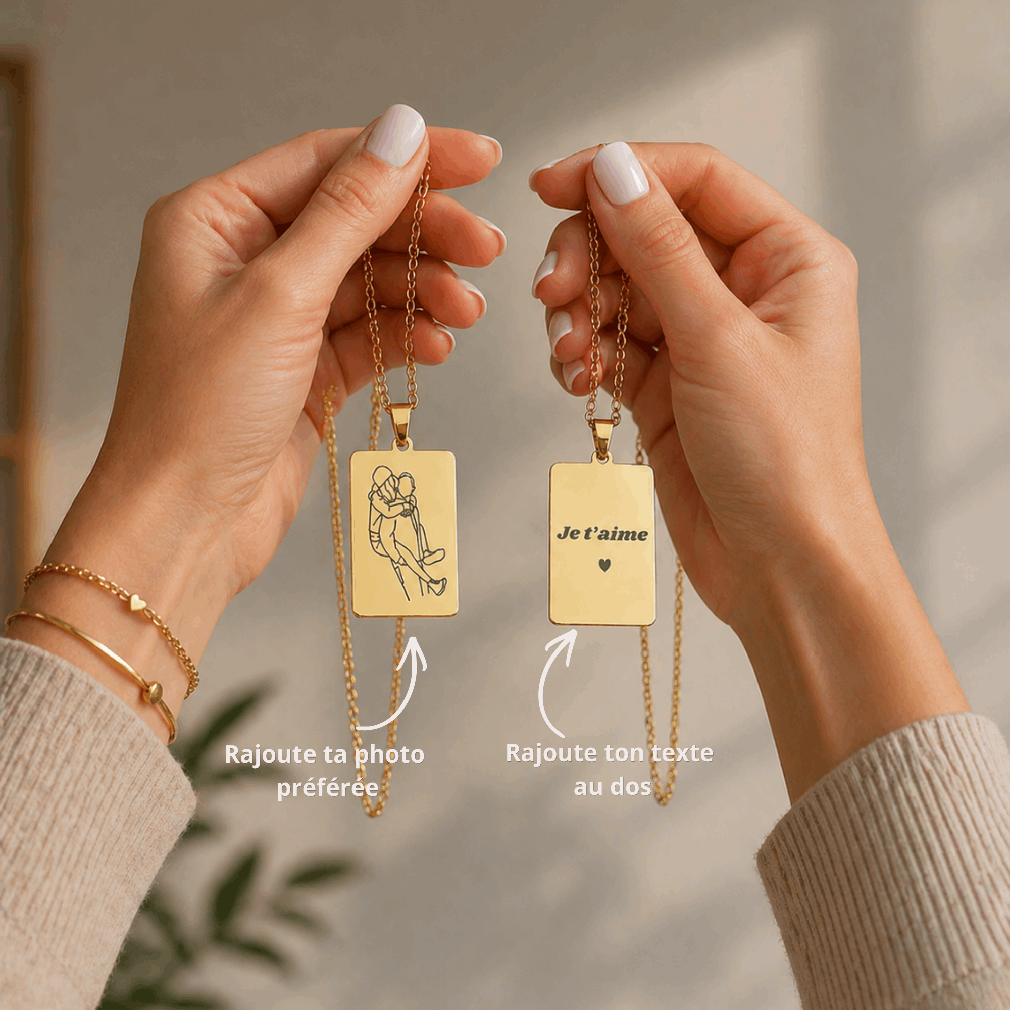 collier gravé avec dessin en line art à partir d'une photo, idée cadeau couple

