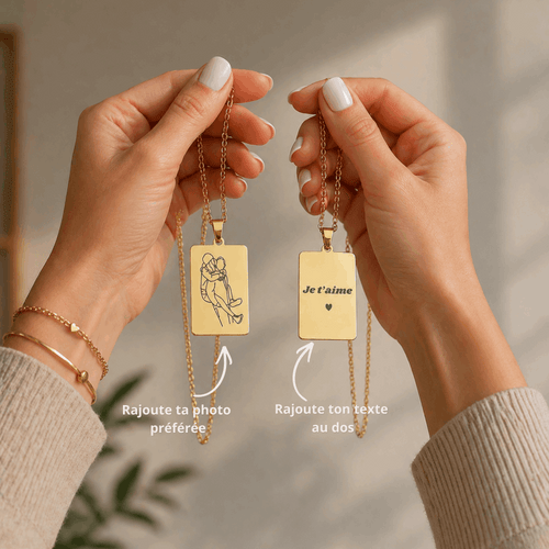 collier gravé avec dessin en line art à partir d'une photo, idée cadeau couple
