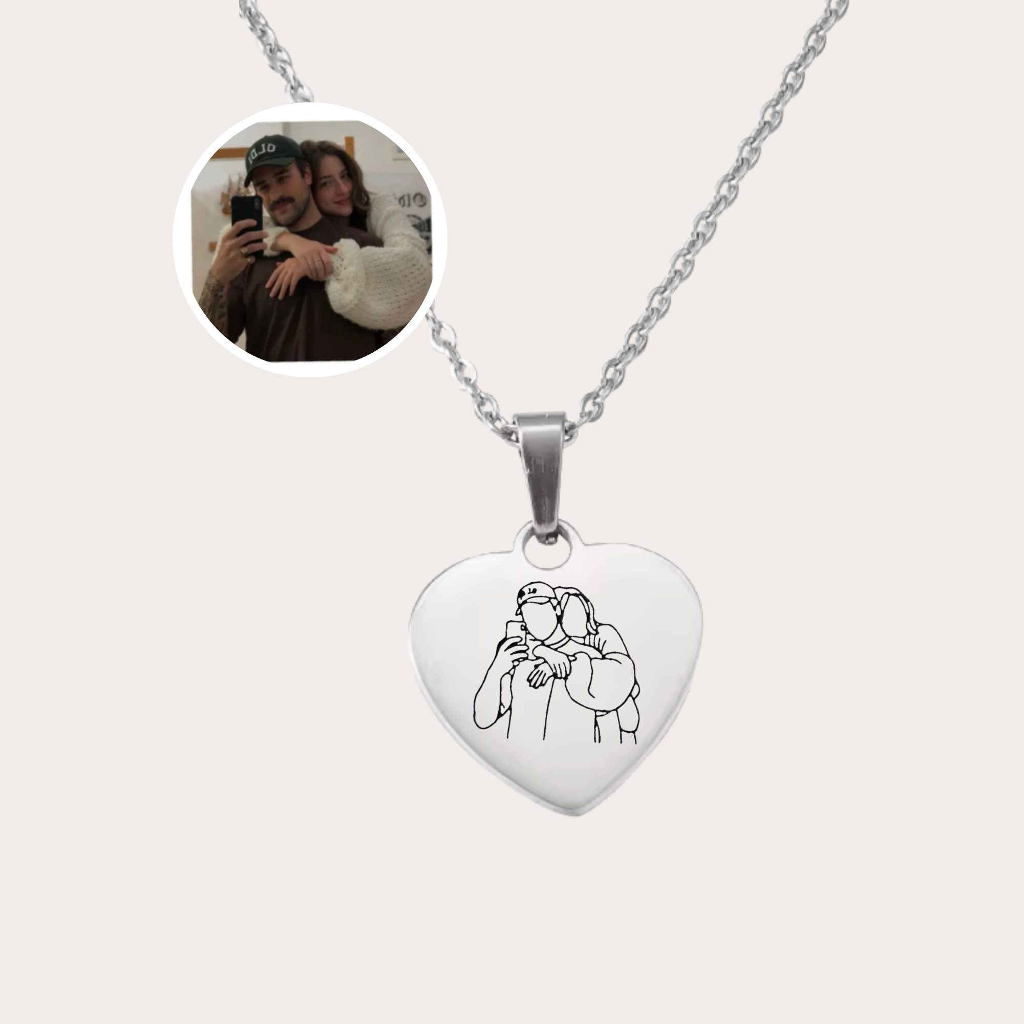 collier gravé avec dessin en line art à partir d'une photo, idée cadeau couple