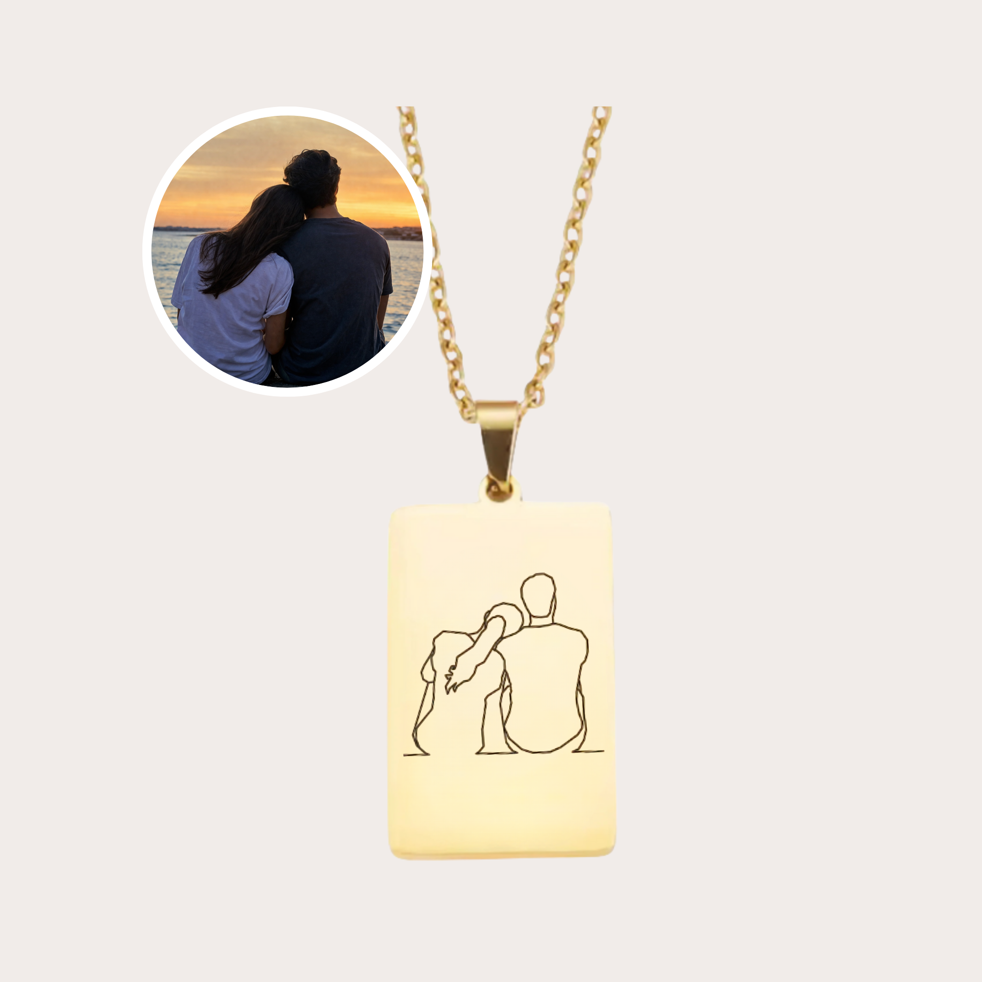 collier gravé avec dessin en line art à partir d'une photo, idée cadeau couple
