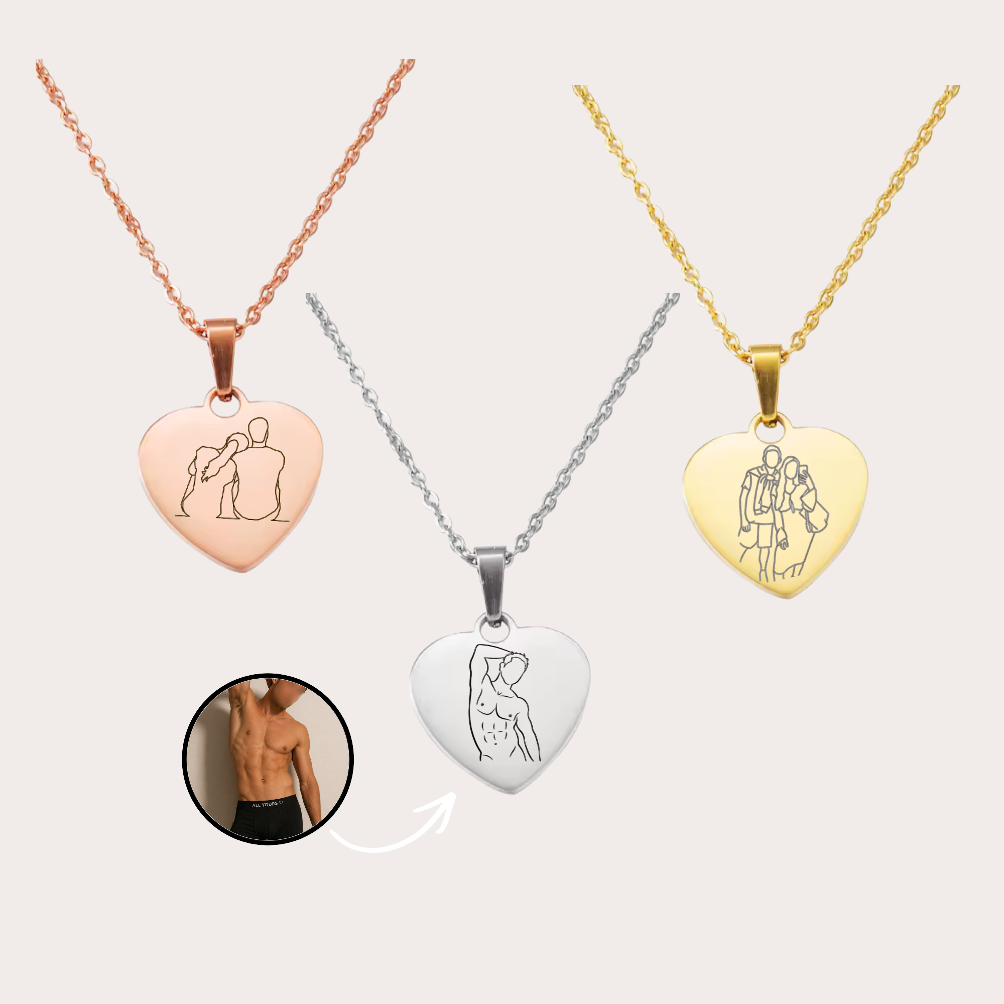 collier gravé avec dessin en line art à partir d'une photo, idée cadeau couple

