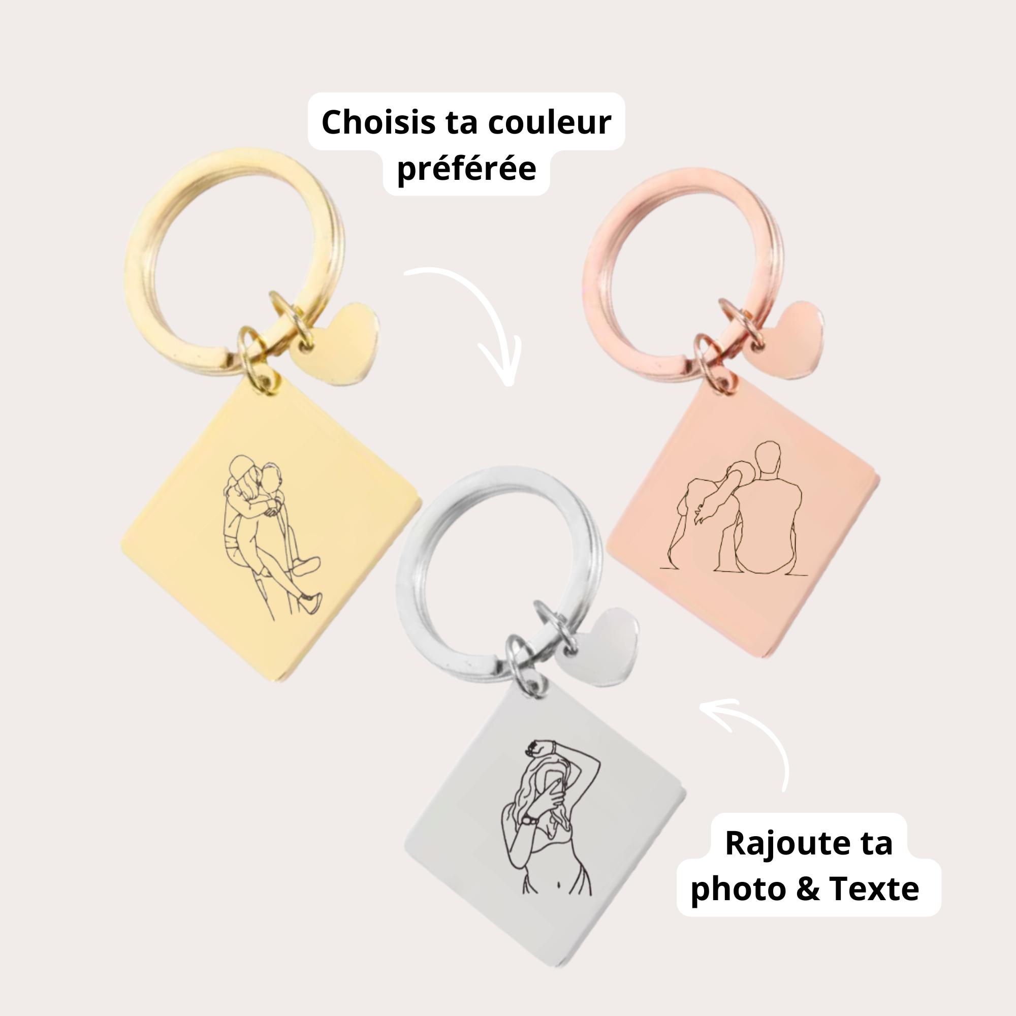 porte-clé gravé avec dessin en line art à partir d'une photo, idée cadeau couple
