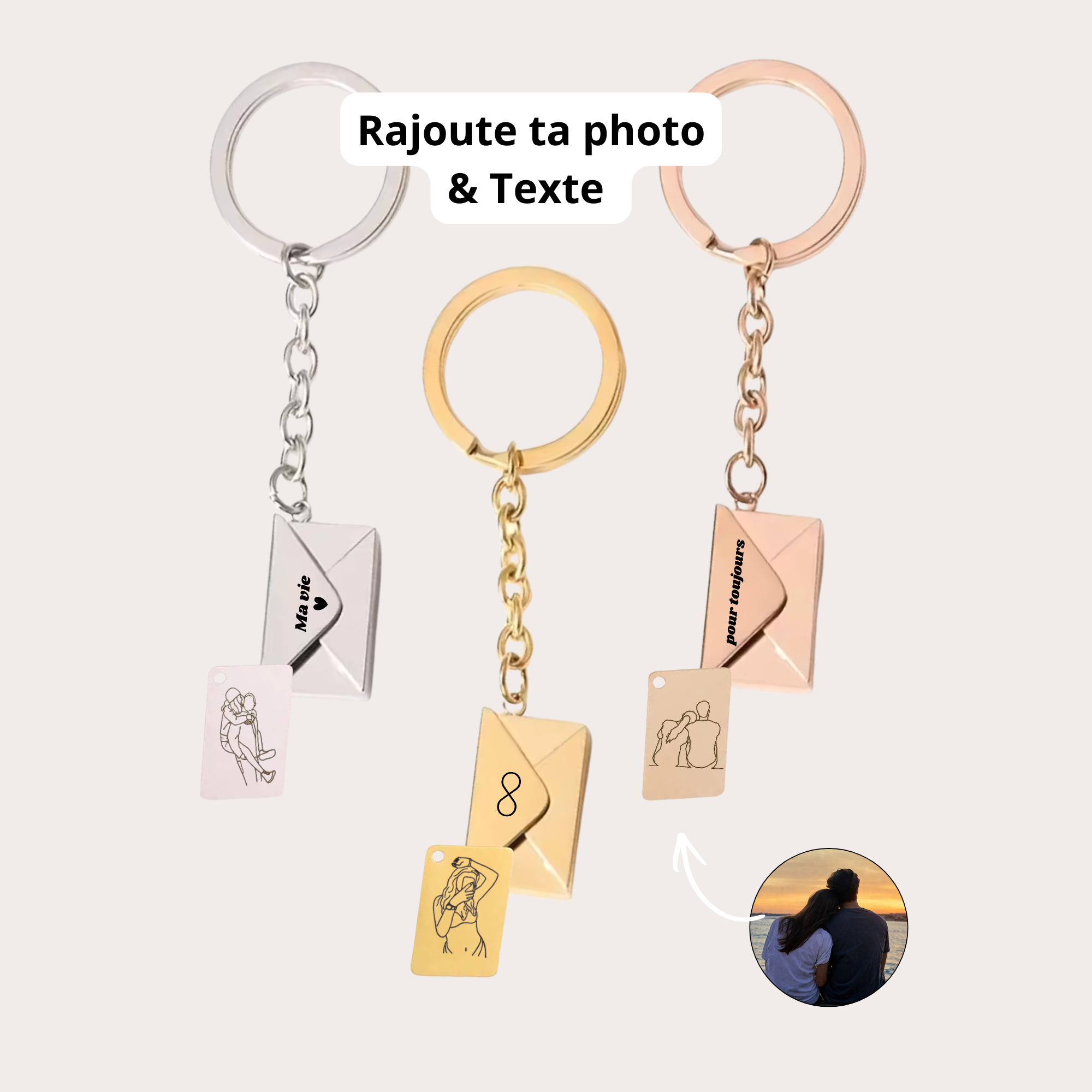 porte-clé gravé avec dessin en line art à partir d'une photo, idée cadeau couple

