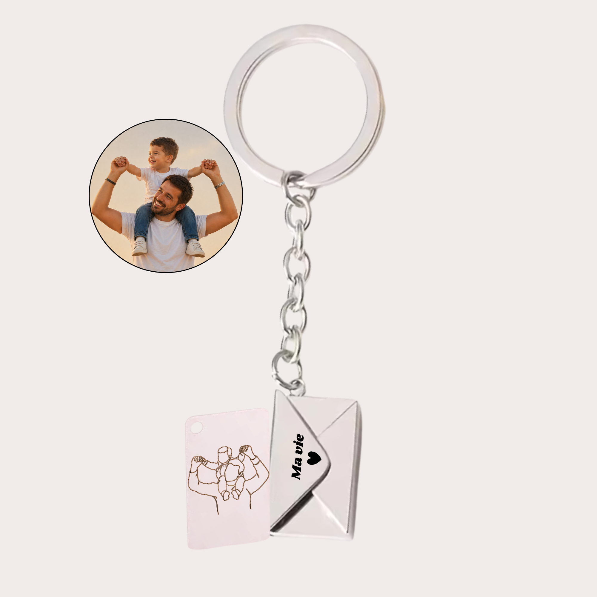 porte-clé gravé avec dessin en line art à partir d'une photo, idée cadeau couple
