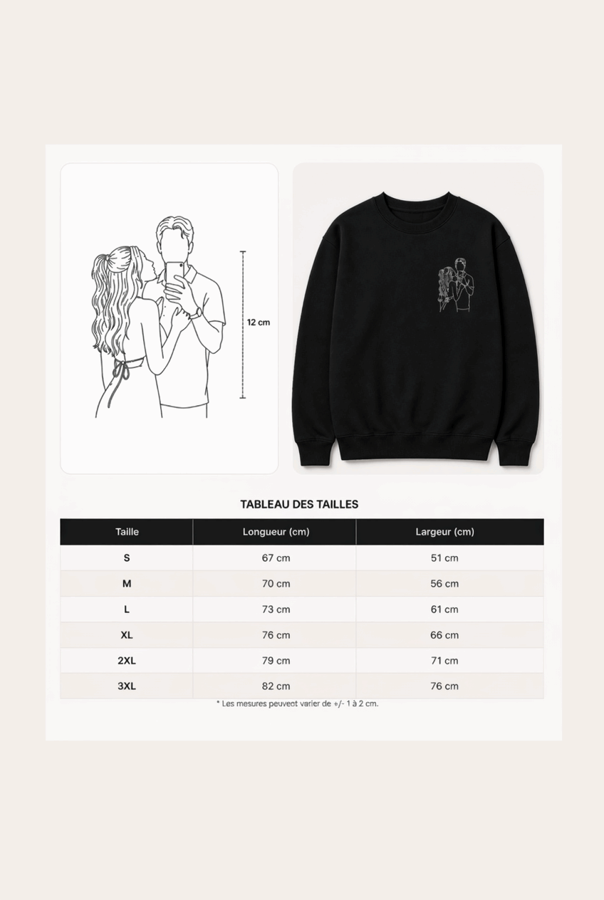 sweat à capuche avec dessin en line art à partir d'une photo, idée cadeau couple
