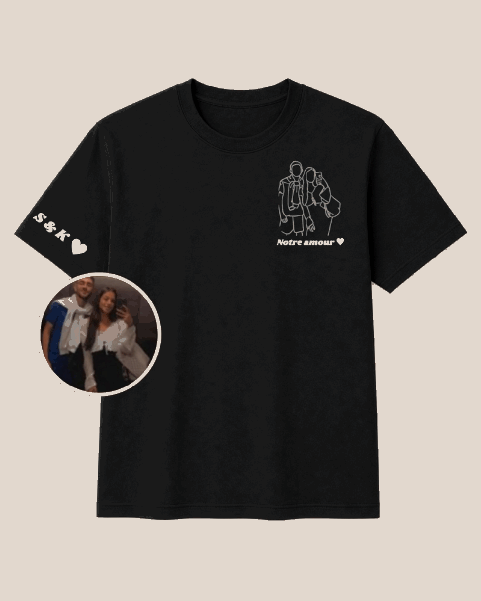 t-shirt personnalisé avec dessin en line art à partir d'une photo, idée cadeau couple
