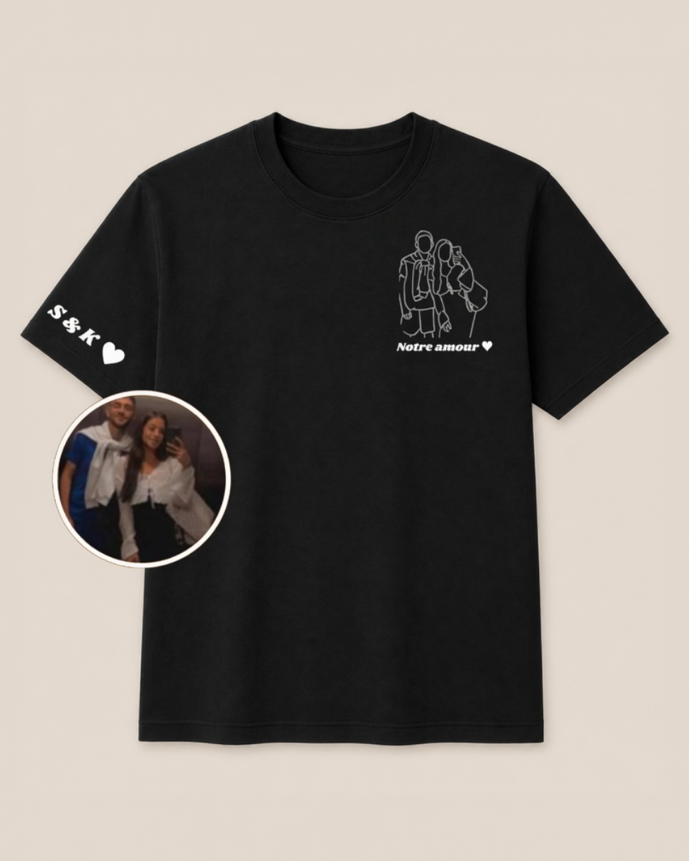 t-shirt personnalisé avec dessin en line art à partir d'une photo, idée cadeau couple
